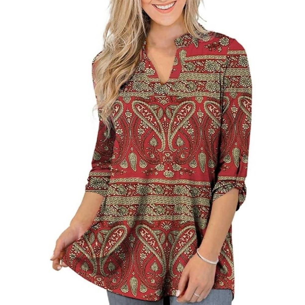 Chama Women's Plus Size Tunic Tops 3/4 Roll Sleeve Notch V Neck Blouses